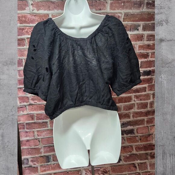 Universal Thread Black Open Knit Cropped Top Medium Puff Sleeve Scoop Neck Linen - Picture 5 of 5